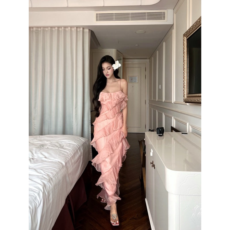 AMELIE - Váy dài hai dây tơ lụa xếp tầng màu hồng - Isabella Dress