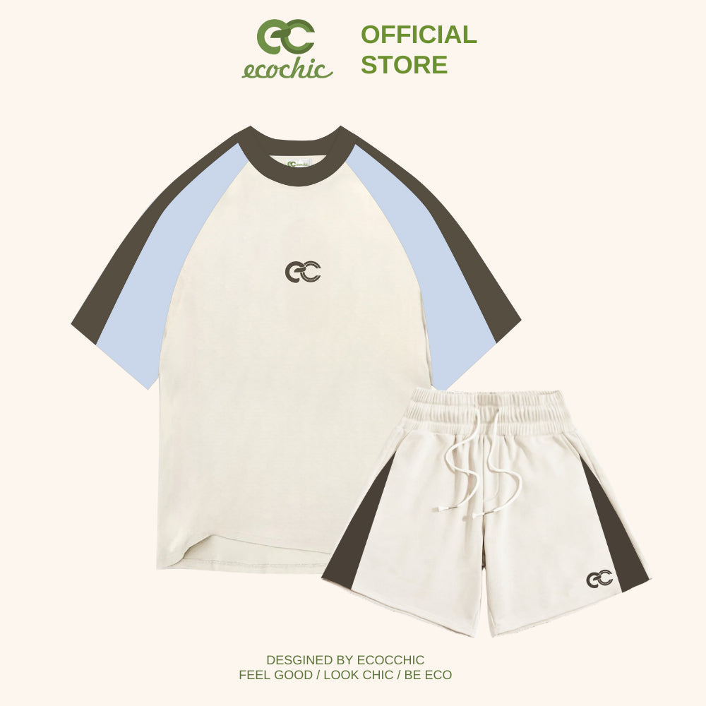 Set Bộ Nữ Thể Thao ECOCHIC Phối Vai Logo Áo Phông Form Rộng Quần Cạp Cao Chính Hãng 100% Cotton Cao Cấp B062