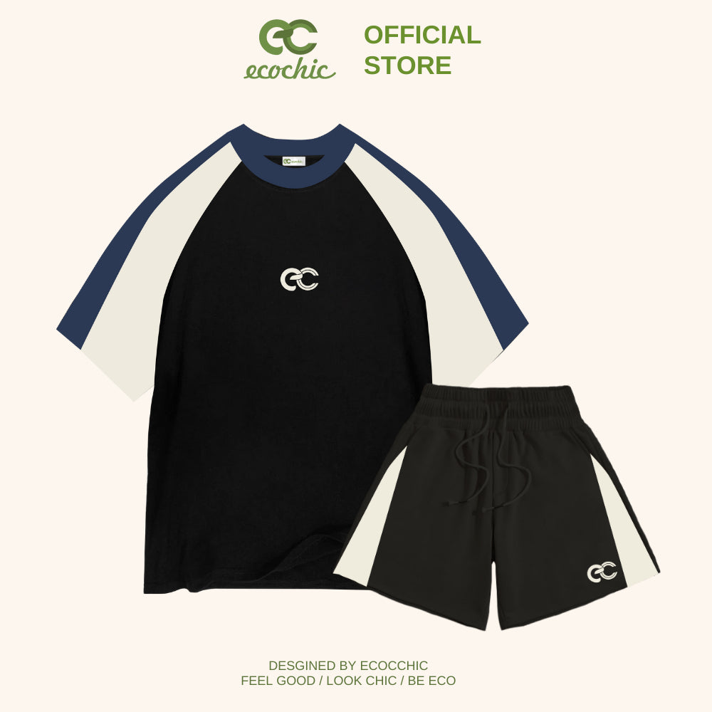 Set Bộ Nữ Thể Thao ECOCHIC Phối Vai Logo Áo Phông Form Rộng Quần Cạp Cao Chính Hãng 100% Cotton Cao Cấp B062