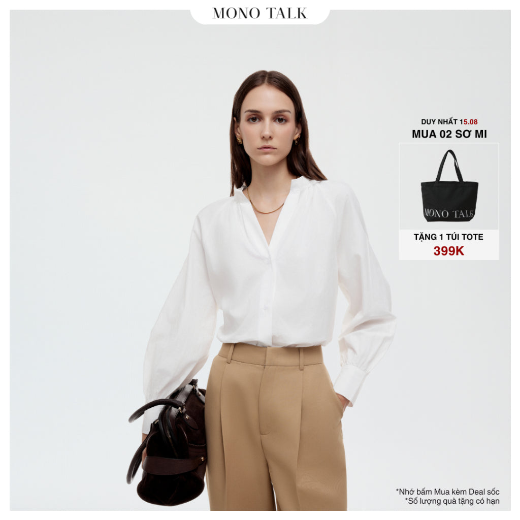 MONO TALK oversize shirt with pleated V-neck and puffy sleeves, half-length MOF24S-T20015TK