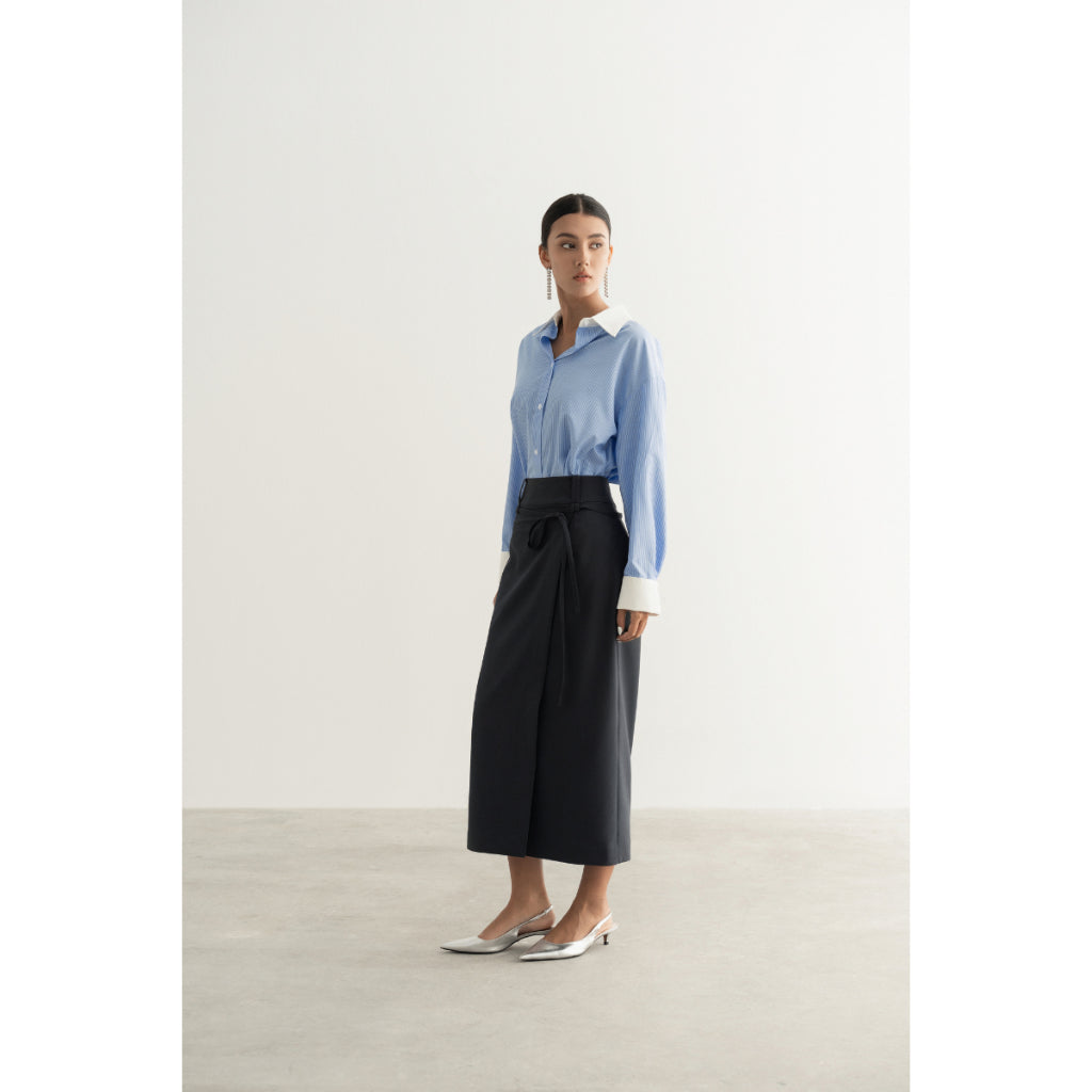 MONO TALK pencil midi skirt with cross-clasp, left side pocket MOF24S-B10007TK