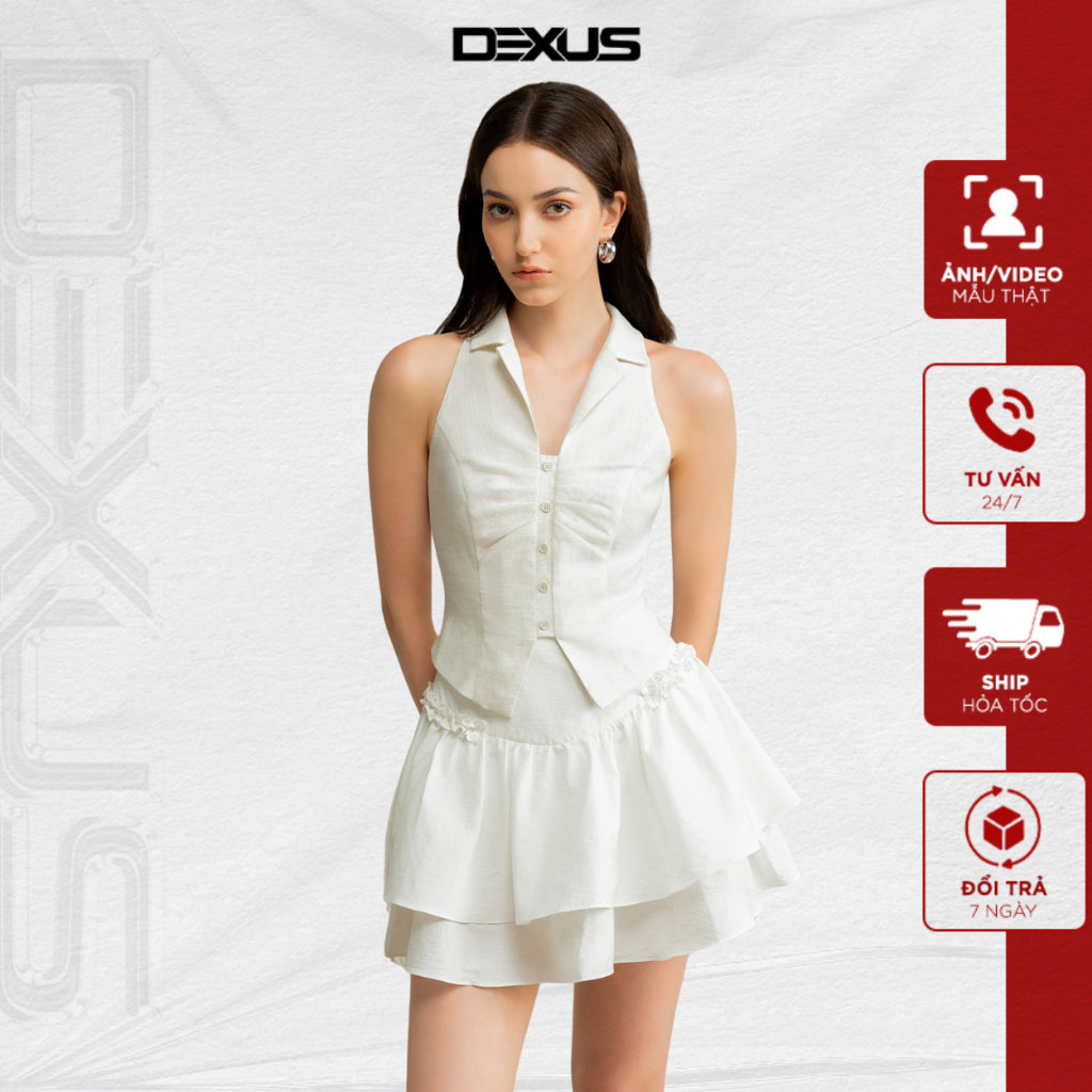 White Set for Women: Sleeveless Shirt, 2-Layer Flared Skirt FLORABIE SET_DXA150236+CV150058