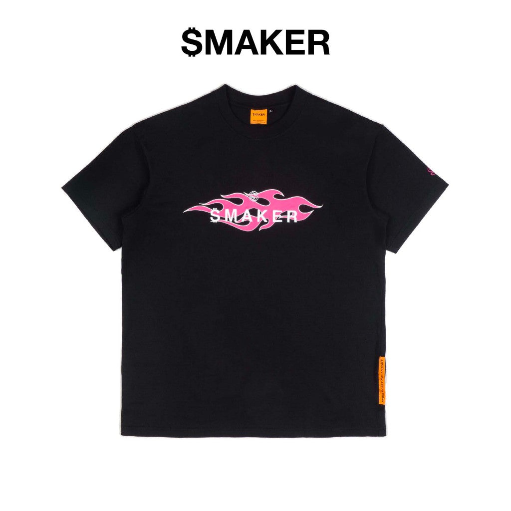 [SMAKER] 100% cotton pink flame t-shirt in black - SMAKER PINK TRIBAL FLAME IN BLACK