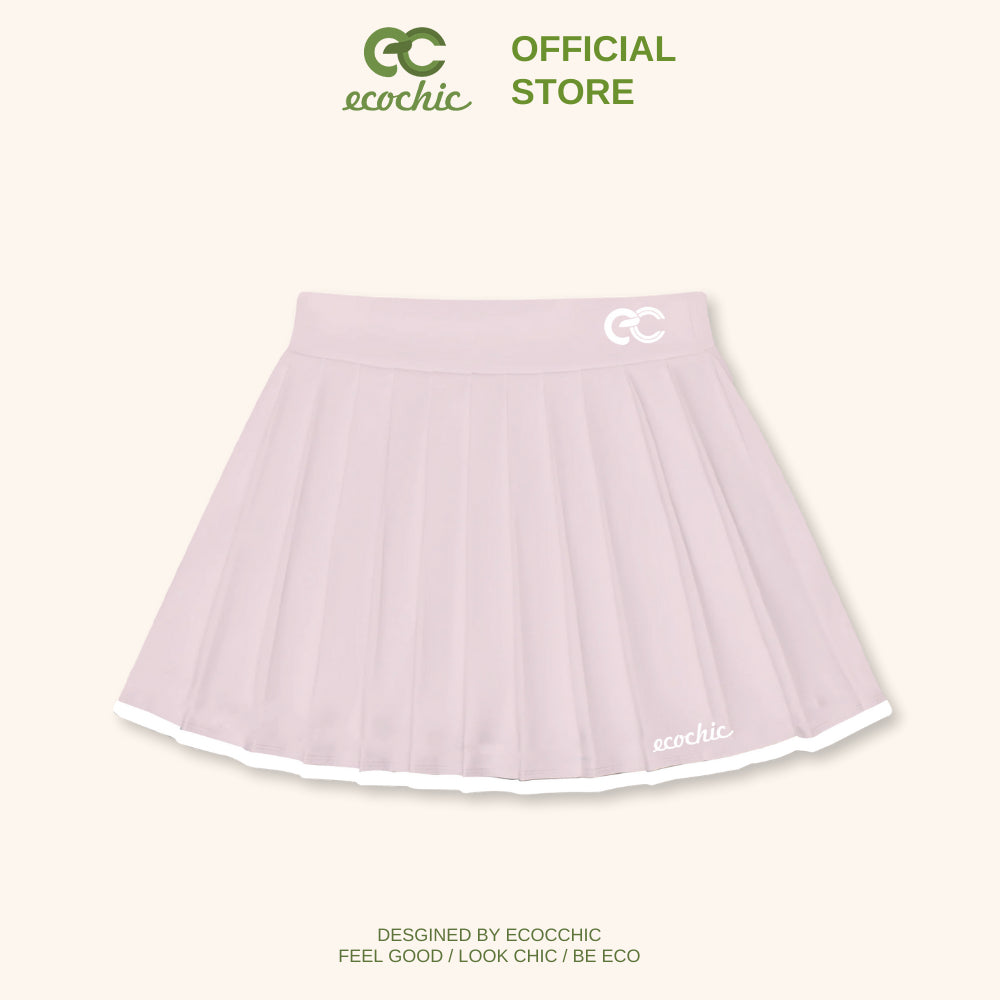 ECOCHIC DELINE Women's Short Pleated Skirt Flared Style Logo Embroidery Local Brand Black Pink Beige B079