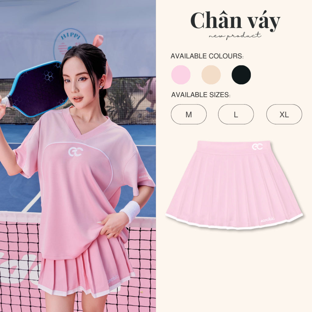 Chân Váy Xếp Li Nữ Ngắn Dáng Xoè ECOCHIC DELINE Logo Thêu Local Brand Màu Đen Hồng Be B079