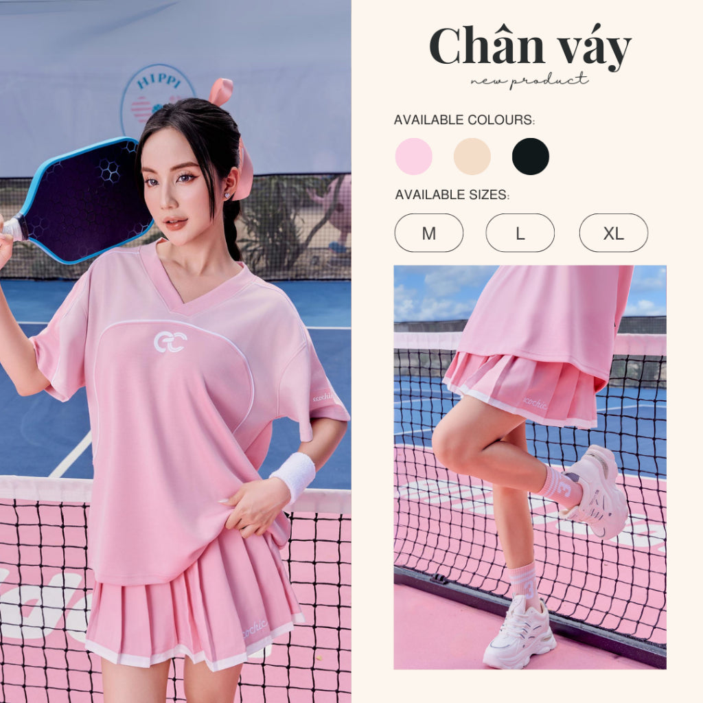 Chân Váy Xếp Li Nữ Ngắn Dáng Xoè ECOCHIC DELINE Logo Thêu Local Brand Màu Đen Hồng Be B079