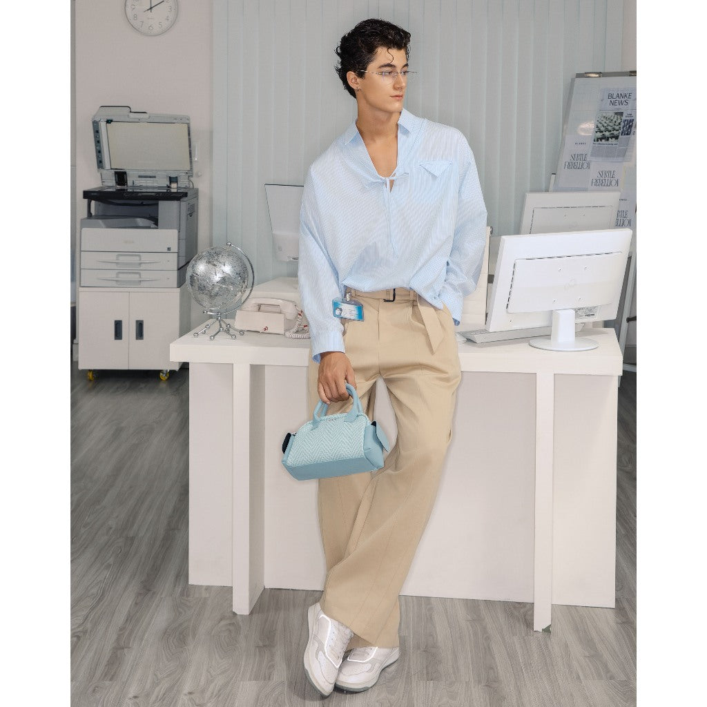 BLANKESPACE Long Sleeve Clipboard Shirt Light Blue Striped Kate Silk Fabric Men Women Unisex