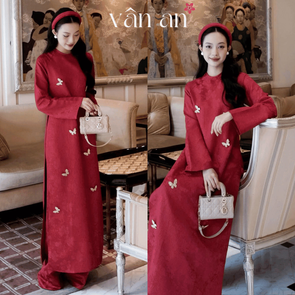 [VAN AN - TET 2026] LAM YEN Ao Dai - Straight Fit, Long Sleeves - Woven Floral Chau Sa Brocade Material, Charms on the Hem