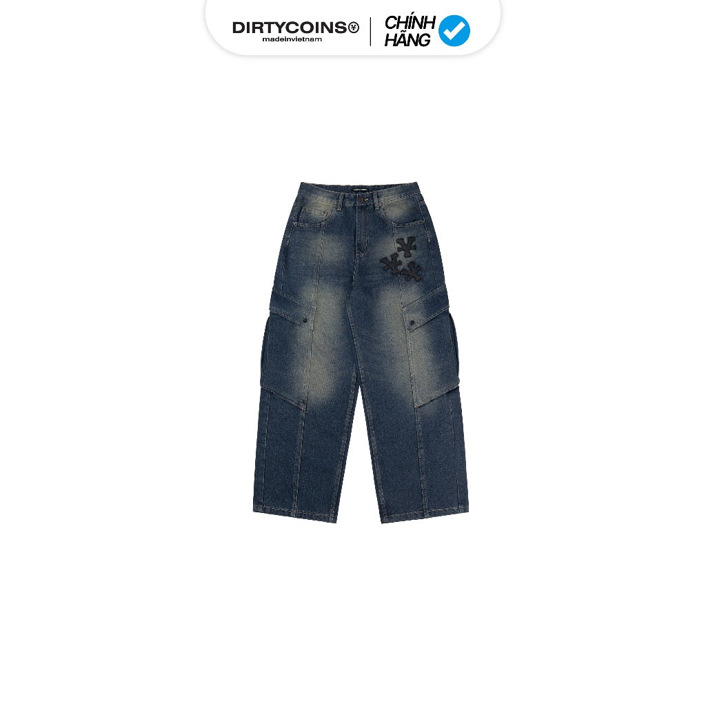 DirtyCoins Denim Cargo Pants Splicing Blue Wash