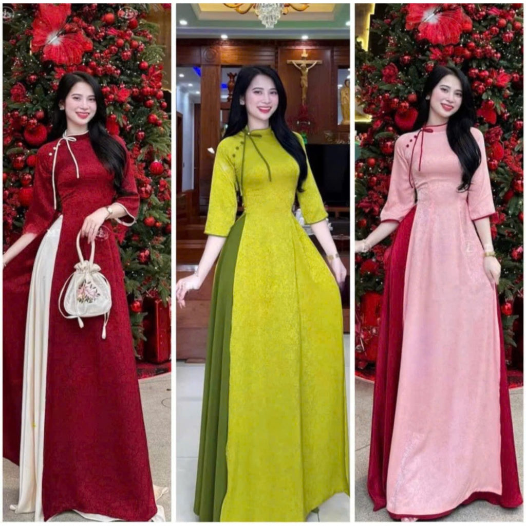 High-End Silk Brocade Ao Dai with Asymmetrical Neckline, Bow and Button Detail, Traditional Fitted Style - Moc An Ao Dai (Includes Regular Pants)
