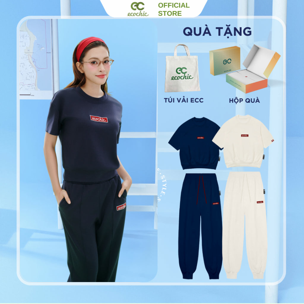 Set ECOCHIC FRERCE FRERCE WINK SET Crop Shirt High Waist Pants Hem Embroidered Logo High Quality Genuine Material B140 B150 