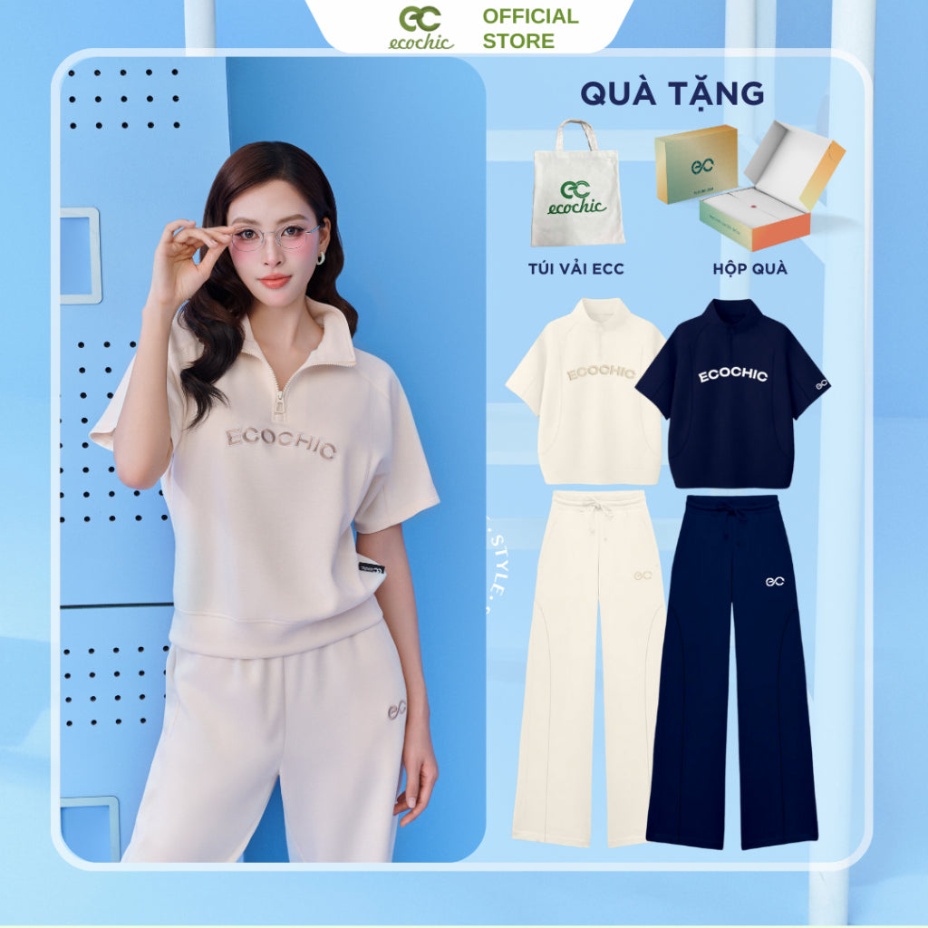 Set ECOCHIC FRERCE WINK SET High-Neck Half-Zip Short Sleeve Shirt High-Waisted Pants with EC Logo High-Quality Genuine B142 
