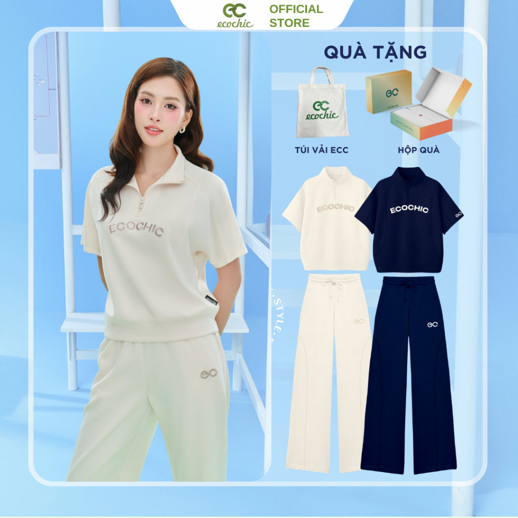 Set ECOCHIC FRERCE WINK SET High-Neck Half-Zip Short Sleeve Shirt High-Waisted Pants with EC Logo High-Quality Genuine B142 
