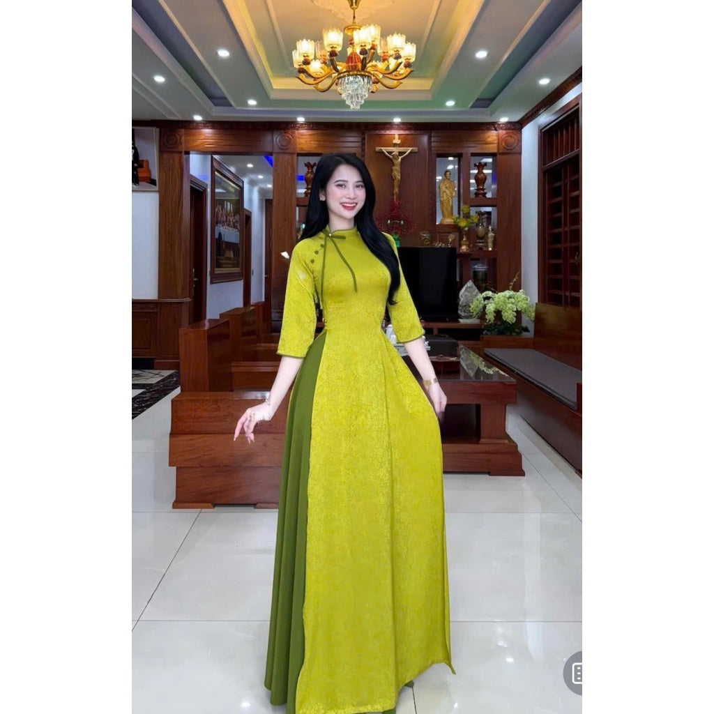 High-End Silk Brocade Ao Dai with Asymmetrical Neckline, Bow and Button Detail, Traditional Fitted Style - Moc An Ao Dai (Includes Regular Pants)