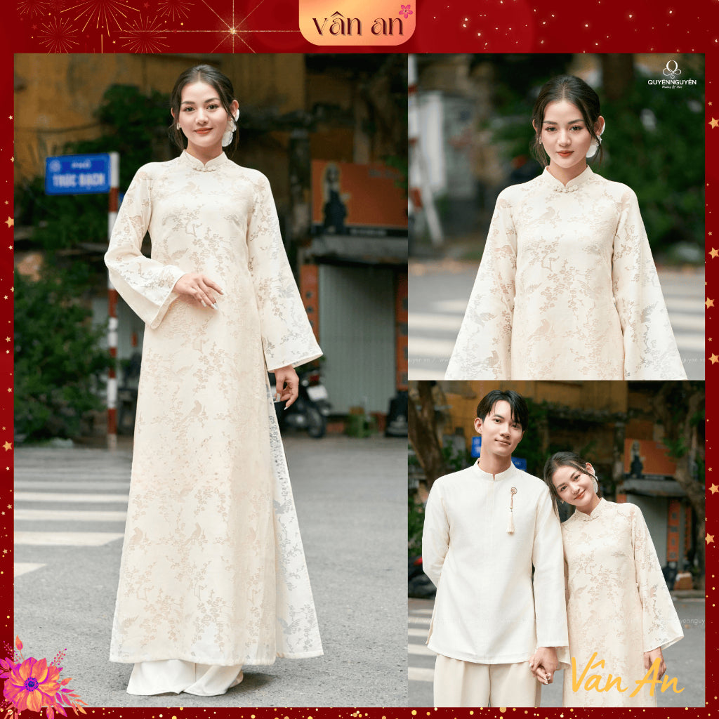 [VAN AN] MOC TRA Ao Dai - Long Style, Long Sleeves With 4-Panel Design - Silk Material Embroidered With Lucky Bird Pattern - (AVAILABLE)