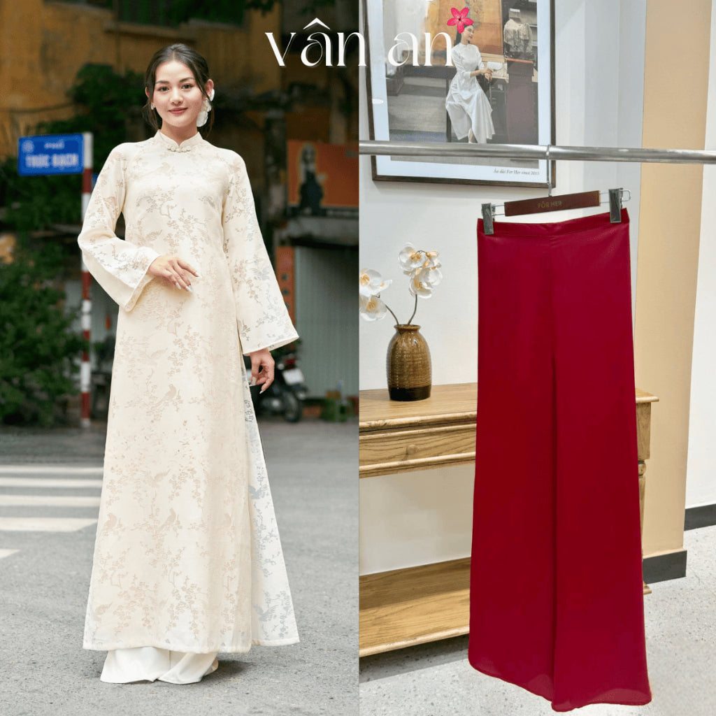 [VAN AN] MOC TRA Ao Dai - Long Style, Long Sleeves With 4-Panel Design - Silk Material Embroidered With Lucky Bird Pattern - (AVAILABLE)