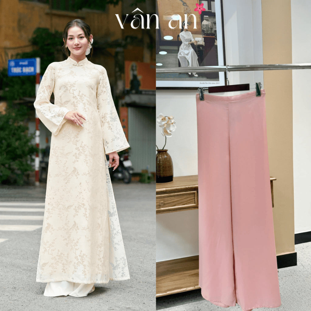 [VAN AN] MOC TRA Ao Dai - Long Style, Long Sleeves With 4-Panel Design - Silk Material Embroidered With Lucky Bird Pattern - (AVAILABLE)