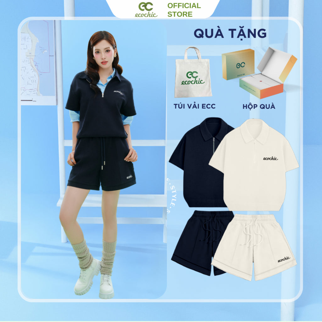 ECOCHIC FRESH PULSE Polo Set Zip-up Polo Shirt High Waisted Shorts Genuine High Quality Material B144 