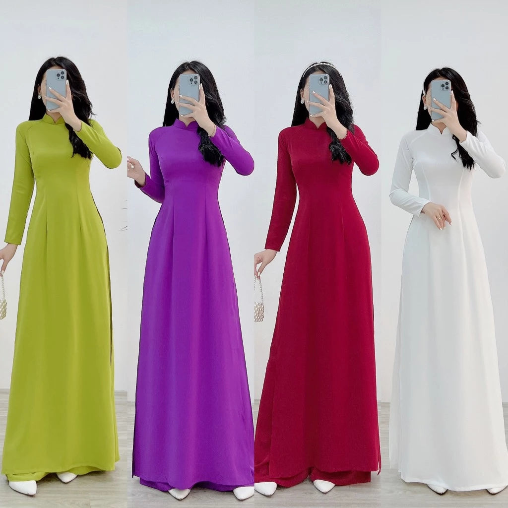 Plain Ao Dai in Traditional Basic Form, Made of High-Quality, Breathable, Stretchy, and Thick American Silk Fabric - Moc An Ao Dai 