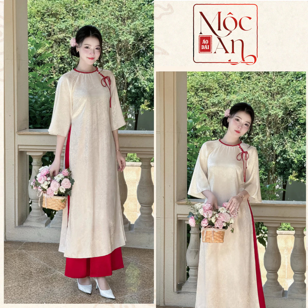 Loose-fitting Brocade Ao Dai "MOC TRA" with Bow and Button Detailing - High-End Moc An Ao Dai 