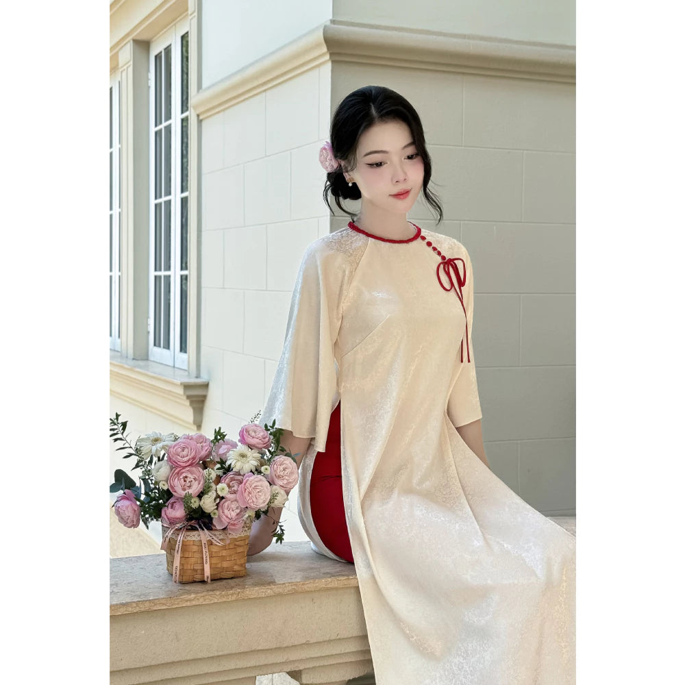 Loose-fitting Brocade Ao Dai "MOC TRA" with Bow and Button Detailing - High-End Moc An Ao Dai 