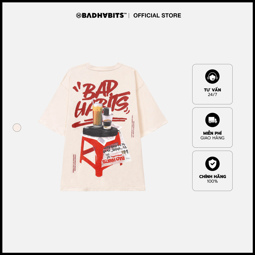 Unisex T-shirt BAD HABITS COFFEE TEE 100% Cotton - CREAM COLOR - Genuine Local Brand