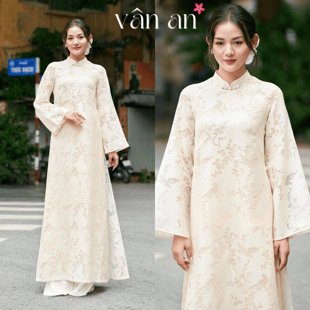 [VAN AN] MOC TRA Ao Dai - Long Style, Long Sleeves With 4-Panel Design - Silk Material Embroidered With Lucky Bird Pattern - (AVAILABLE)