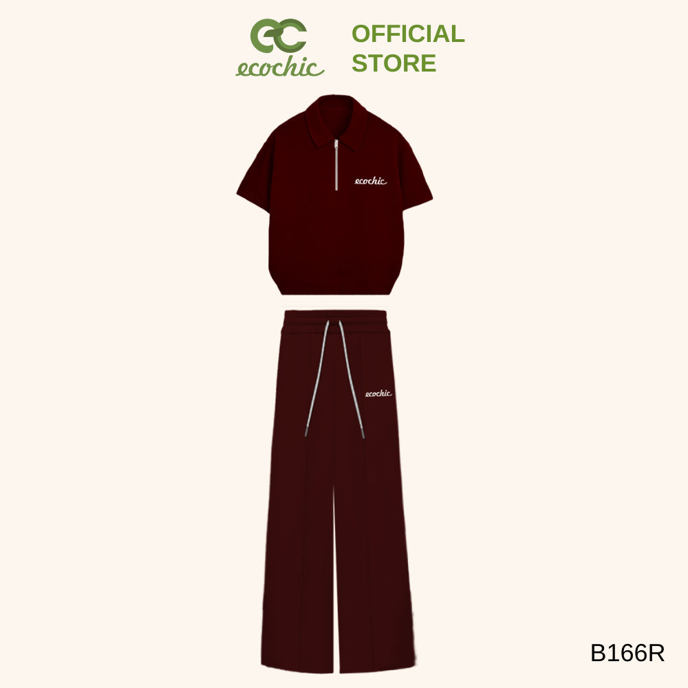 ECOCHIC Polo Set Zip Up Polo Shirt High Waisted Pants Embroidered Letters Genuine High Quality Material B166 