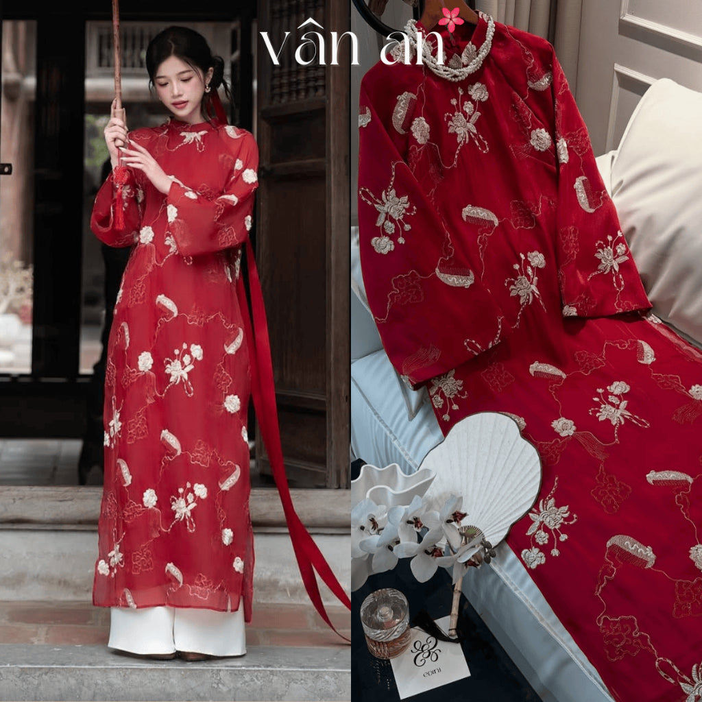 [VAN AN - TET COLLECTION 2026] HOANG TRAM Ao Dai - Long, Long Sleeves, 4 Panels - High Quality Organza Material with Glitter Embroidery