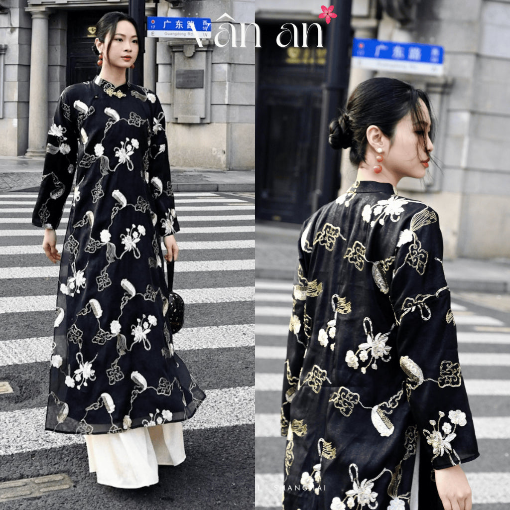 [VAN AN - TET COLLECTION 2026] HOANG TRAM Ao Dai - Long, Long Sleeves, 4 Panels - High Quality Organza Material with Glitter Embroidery