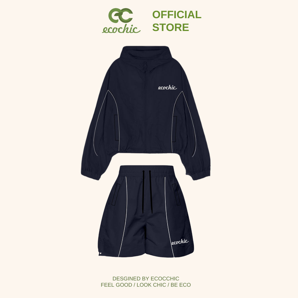 Genuine ECOCHIC DELINE Windbreaker Shorts Set, Elastic Waistband Jacket, Wrinkled Fabric, Active Sportswear B099