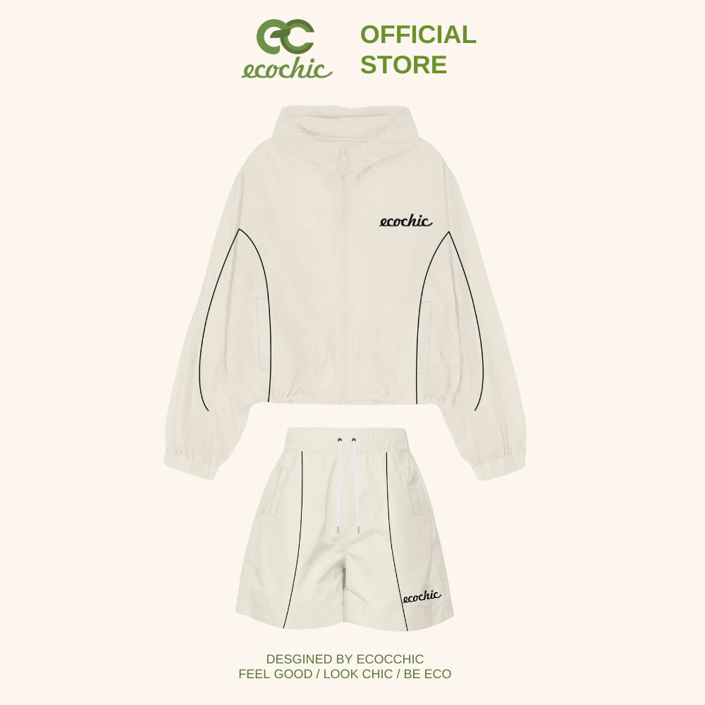 Genuine ECOCHIC DELINE Windbreaker Shorts Set, Elastic Waistband Jacket, Wrinkled Fabric, Active Sportswear B099