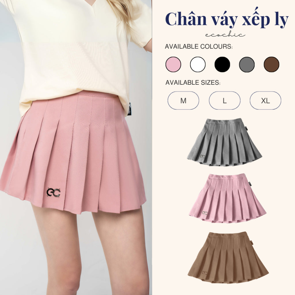 ECOCHIC Short Flared Pleated Skirt Logo Metal Tag Pink Gray Brown Black White F537