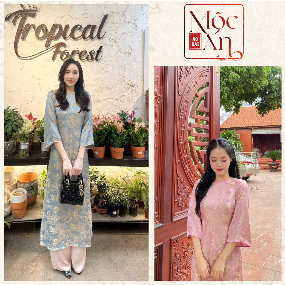Moc An Modernized Brocade Ao Dai "Flower Garden" Style, Loose Fit, with Trimmed Collar and Sleeves, Ready-Made - Moc An Ao Dai 