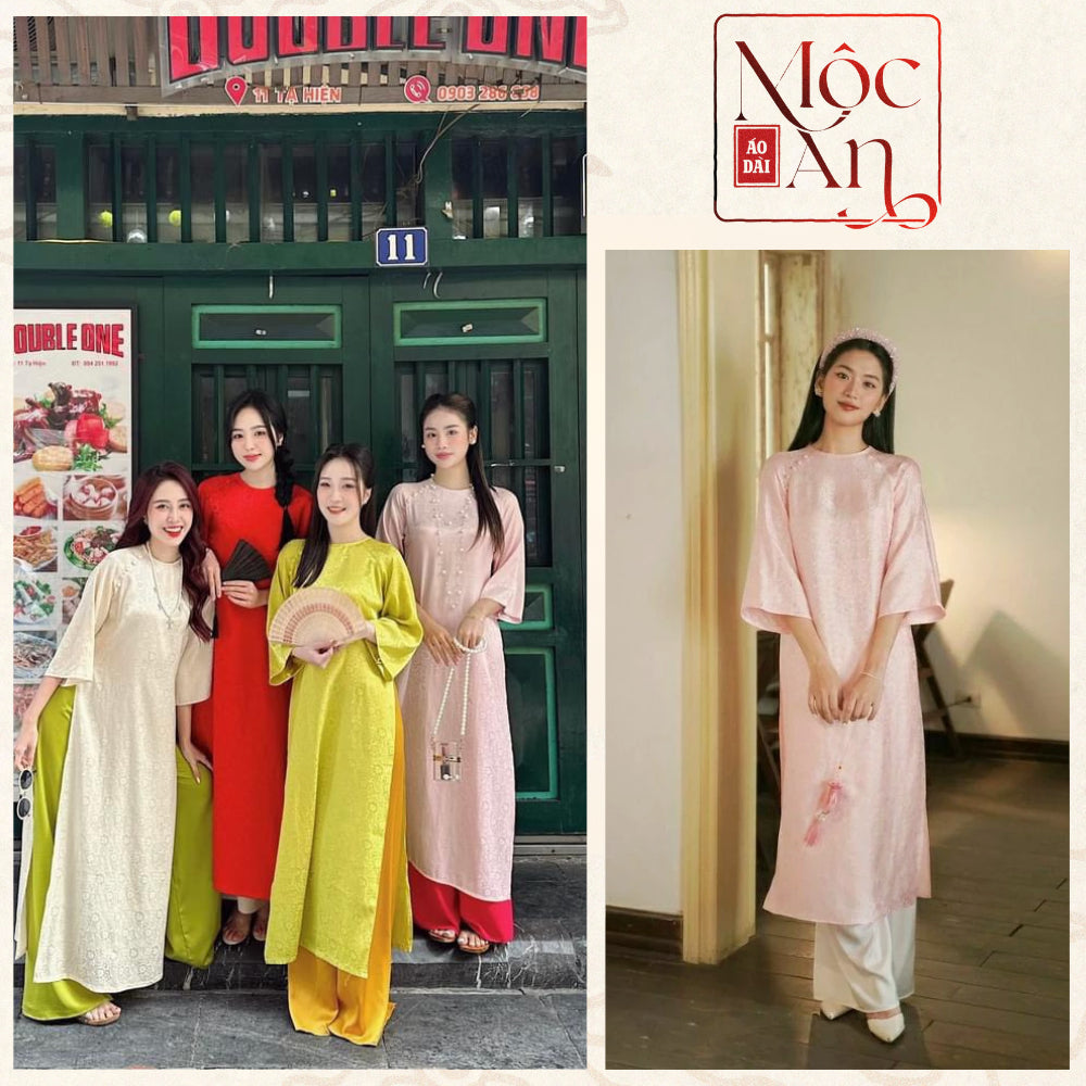 Loose-fitting brocade Ao Dai in various colors, modern Ao Dai with subtle floral patterns, easy to wear for any occasion. 