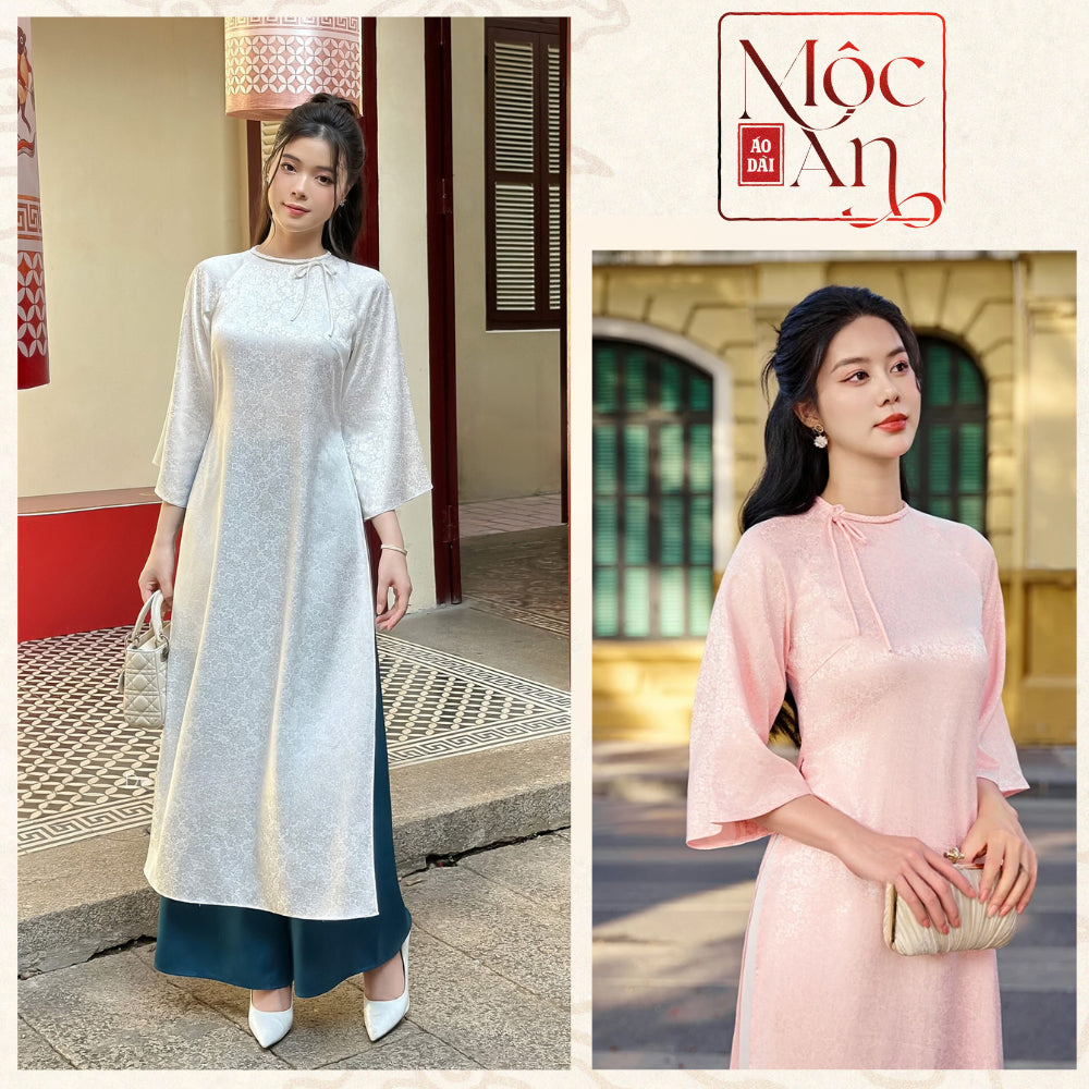 Loose-fitting brocade Ao Dai with a bow detail at the neckline, a trendy modern Ao Dai for 2026 - Moc An Ao Dai 