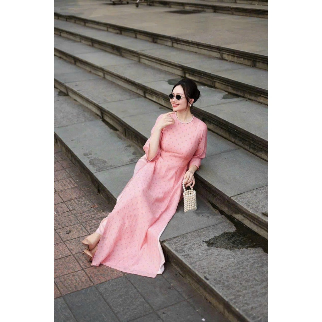 Polka Dot Ao Dai in Cloud Patterned Silk Fabric, Flared Sleeves, and Braided Collar - Moc An Ao Dai 