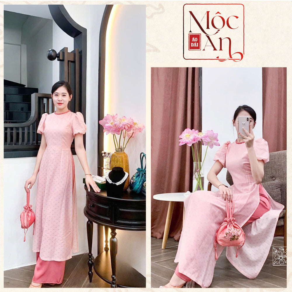 Polka Dot Ao Dai with Puffy Sleeves, Cloud Patterned Silk Fabric, Buttoned Collar, Traditional Design - Moc An Ao Dai 