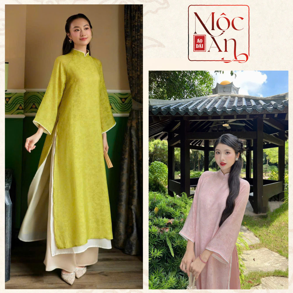 Loose-fitting Ao Dai dress by Moc Mien, floral patterned chiffon fabric, 4 panels, available in various colors - Moc An Ao Dai 