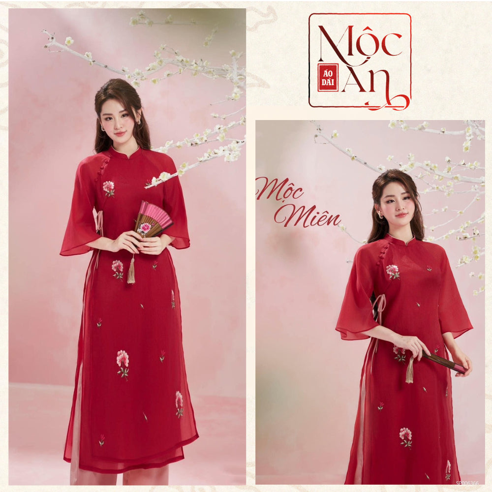 Embroidered Floral Ao Dai Dress, Crepe Silk Voile, Loose-fitting and Easy to Wear - Moc An Ao Dai 