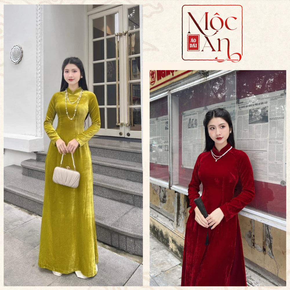 Plain Velvet Ao Dai, Traditional Style, Stretchable, Easy to Wear, High-Quality Thick Velvet - Moc An Ao Dai 