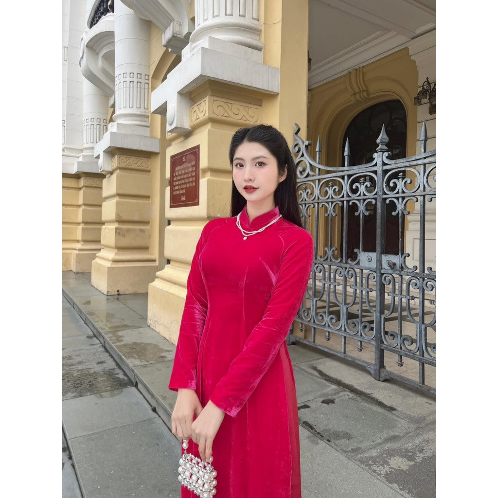 Plain Velvet Ao Dai, Traditional Style, Stretchable, Easy to Wear, High-Quality Thick Velvet - Moc An Ao Dai 