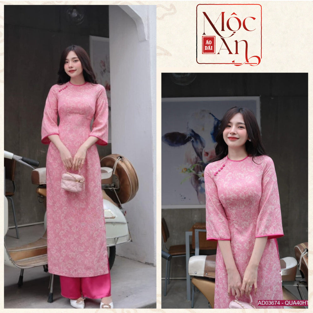 Traditional Ao Dai dress with floral brocade pattern, fitted waist, cuffed hem, and contrasting colors - Moc An Ao Dai 