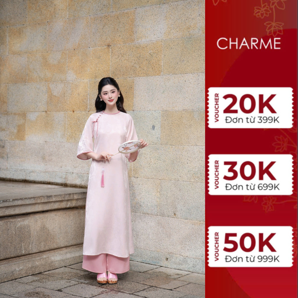 Áo dài tay lỡ lụa gấm hoa hồng đính nơ Charme 410064