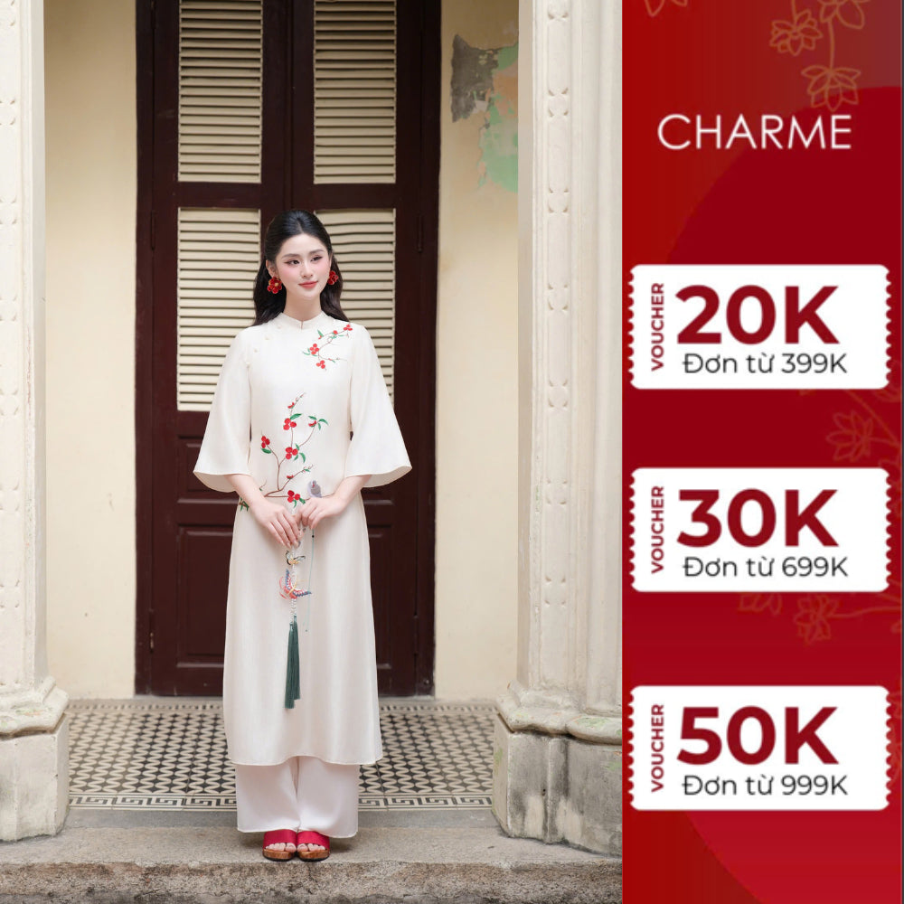 Áo dài tay lỡ tơ thêu chùm quả Charme 411007