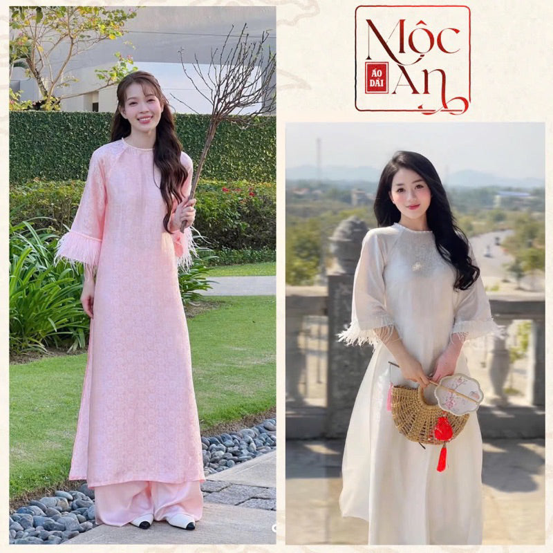 Loose-fitting brocade Ao Dai with flared sleeves and feather embellishments - Moc An Ao Dai 