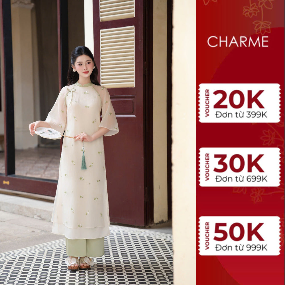 Áo dài tay lỡ thêu hoa đính nơ Charme 412009