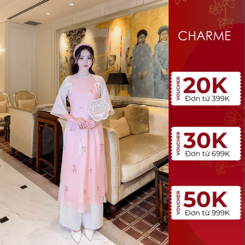 Áo dài tay lỡ tơ phồng thêu hoa đính nơ ngọc Charme 412013