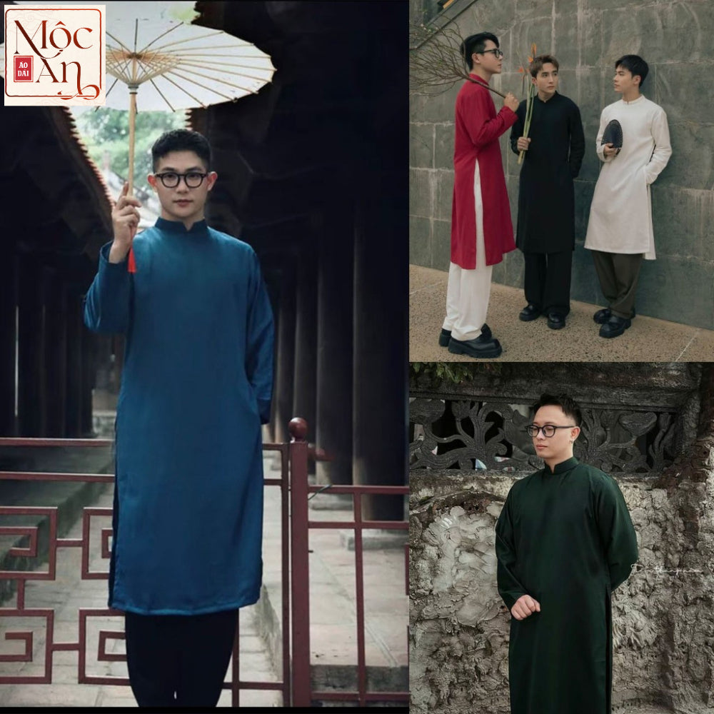 Modernized Ao Dai for Men, made of Tay Thi fabric, with square shoulders, padded shoulder straps, and a back zipper closure. Perfectly fitted and flattering. 