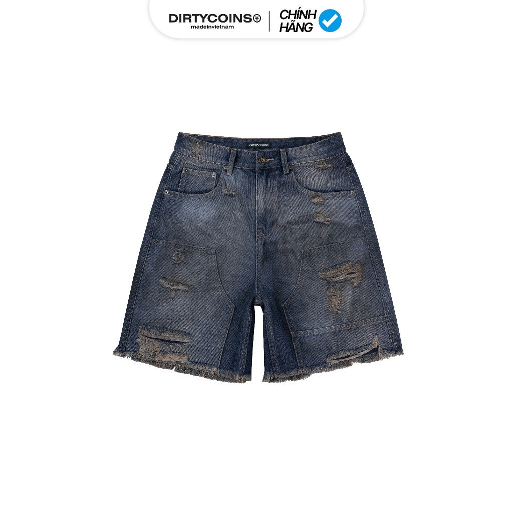 DirtyCoins Double Knee Shorts Distress Blue Wash